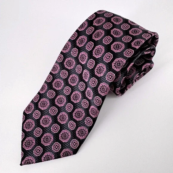 Bruno Piattelli Roma Tie Men 60" Black Purple Silk Geometric Medallion Hand Made - Picture 1 of 5